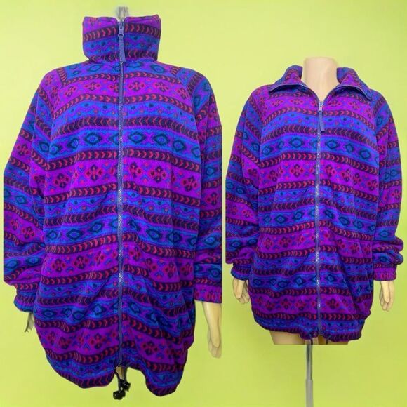 Vintage 90s Purple & Blue Aztec Print Fleece Jacket Size XL - Picture 1 of 9